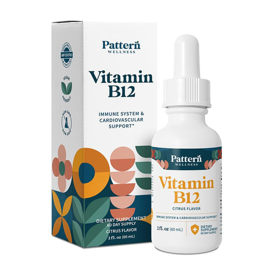 Pattern Wellness Vitamin B12 liquid bottle highlights citrus flavor for daily energy support