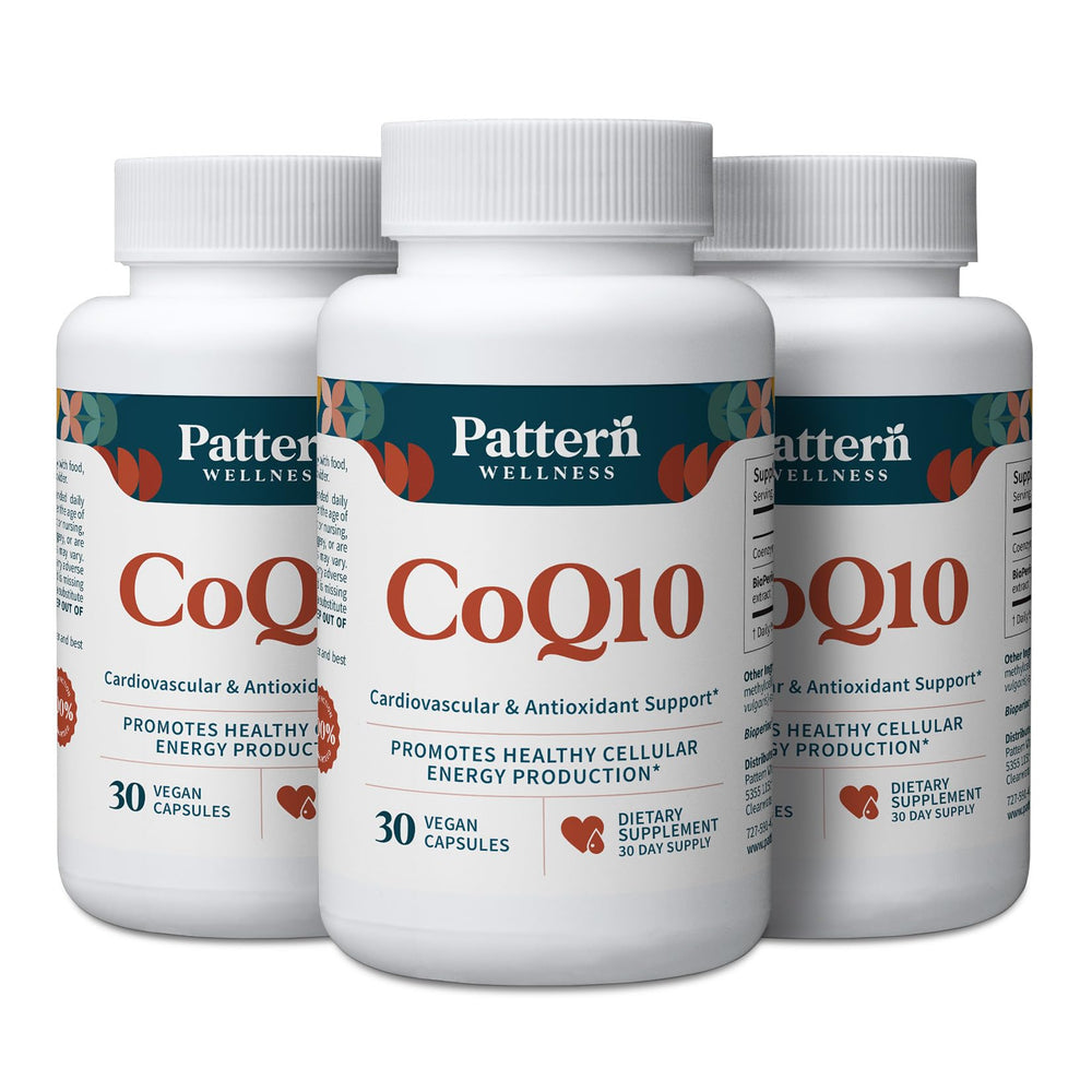 Pattern Wellness CoQ10 bottle pour showing easy-to-swallow capsules for daily energy support