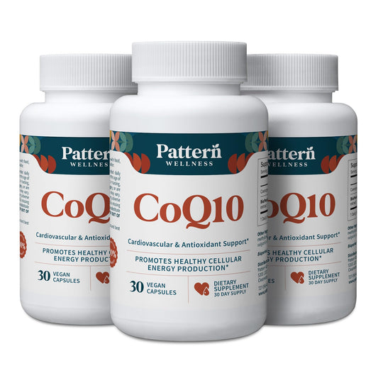 Pattern Wellness CoQ10 bottle pour showing easy-to-swallow capsules for daily energy support