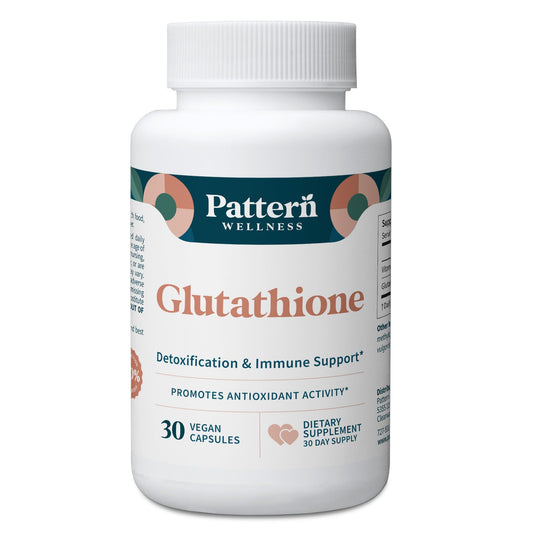 Pattern Wellness Glutathione bottle front view with vegan capsules for daily antioxidant support