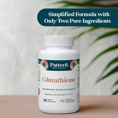 Pattern Wellness Glutathione capsules highlight 500 mg dose on label