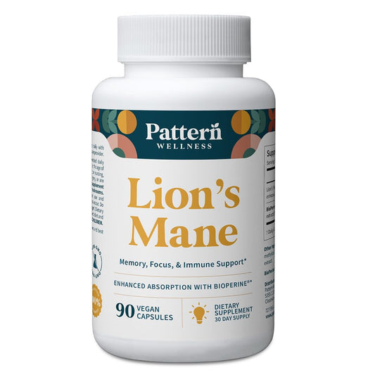Pattern Wellness Lion’s Mane capsules bottle front for daily focus support