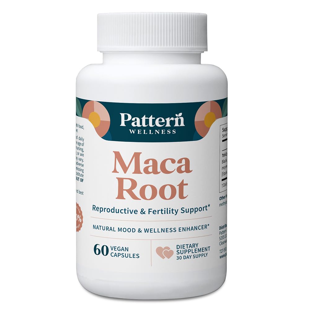 Pattern Wellness Maca Root Extract bottle label with 60 vegan capsules for daily vitality.