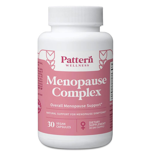 Pattern Wellness Menopause Complex bottle-front highlights vegan capsules for daily hormonal balance