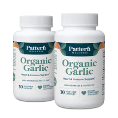 Pattern Wellness odorless garlic bottle with capsules for convenient daily support.
