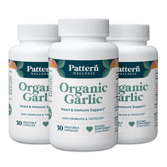 Pattern Wellness odorless garlic bottle capsules for convenient daily use and circulatory support