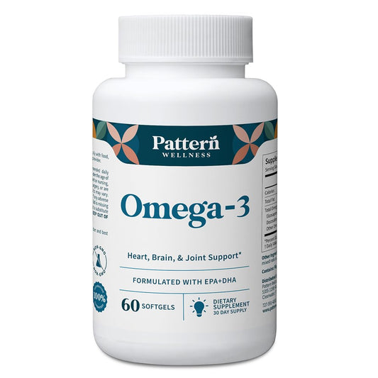 Pattern Wellness Omega3 softgels in lemon flavor for burpless daily support.