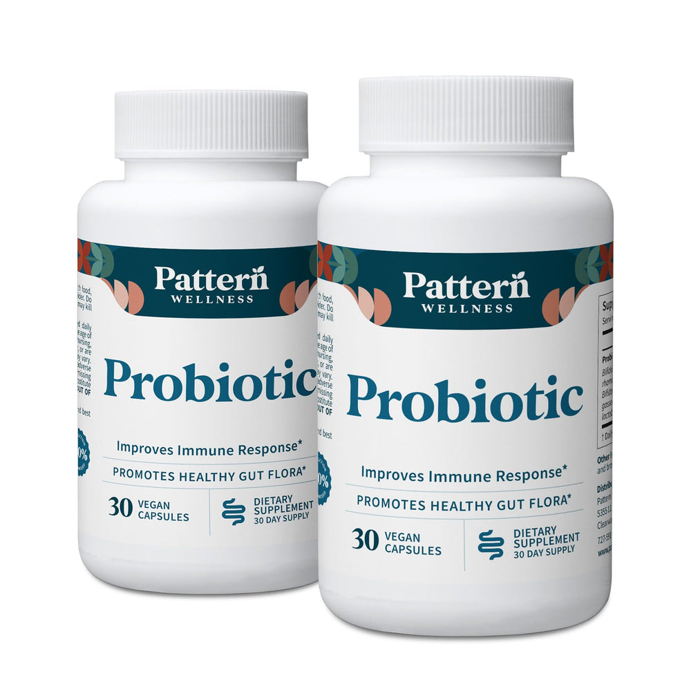 Pattern Wellness probiotic bottle showing 51B CFU potency for gut balance and daily support