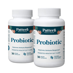 Pattern Wellness probiotic bottle showing 51B CFU potency for gut balance and daily support