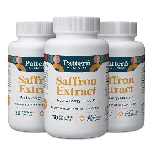 Pattern Wellness saffron extract bottle shown for daily mood support