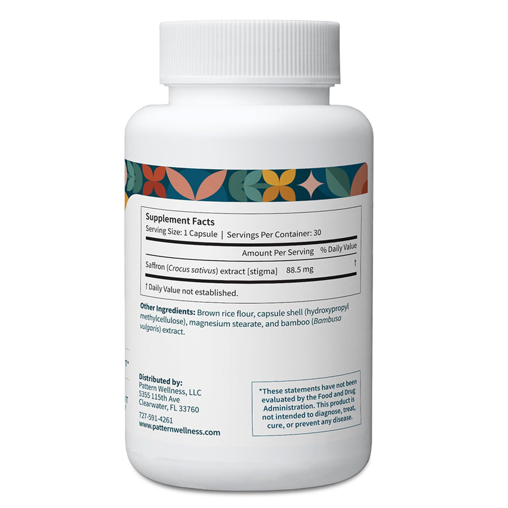 Close-up of Pattern Wellness saffron extract label highlighting 88.5 mg per serving.