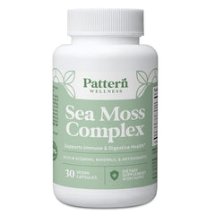 Pattern Wellness Sea Moss Complex bottle on kitchen counter for daily vitality.