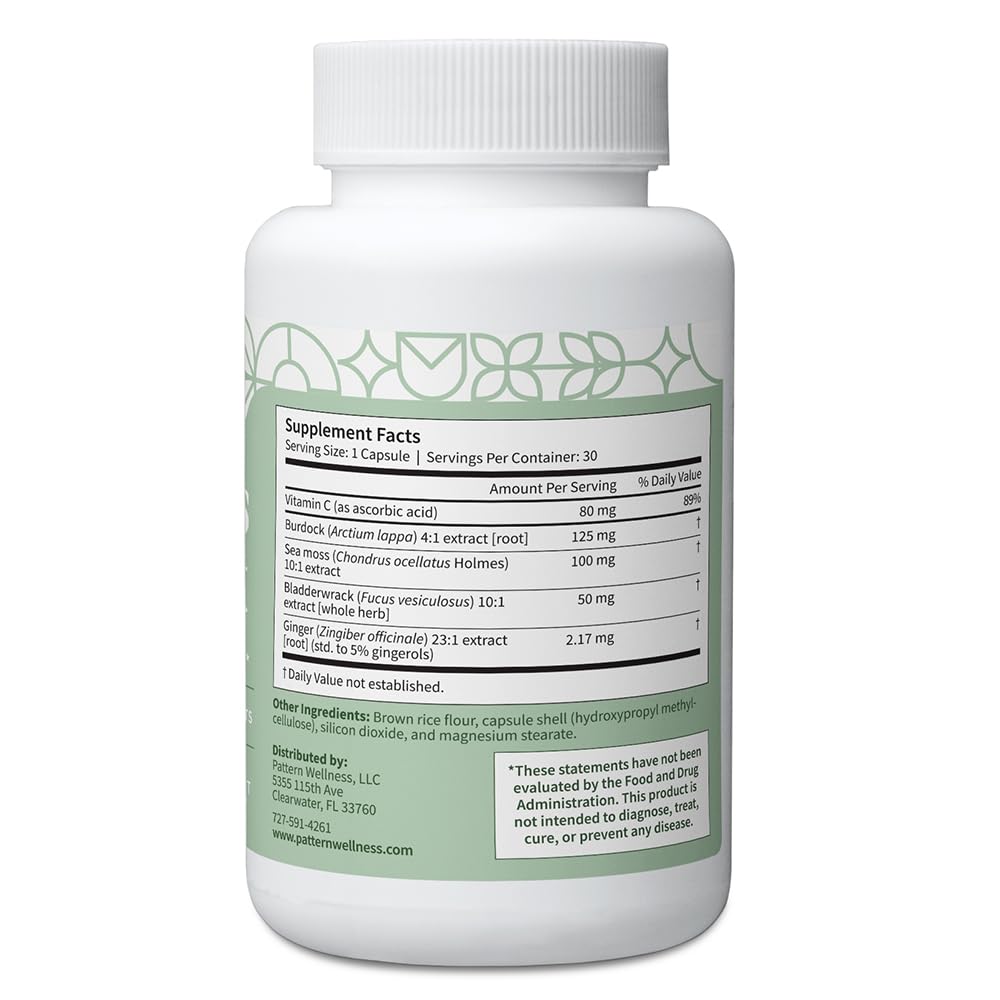 Pattern Wellness Sea Moss Complex label highlights vegan and non GMO ingredients.