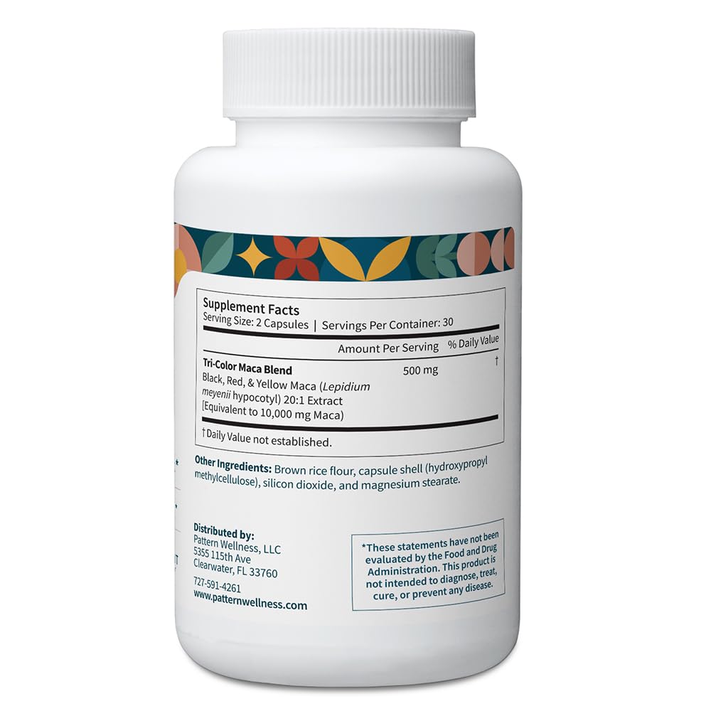 Pattern Wellness tri-color maca blend in product imagery supporting natural balance.