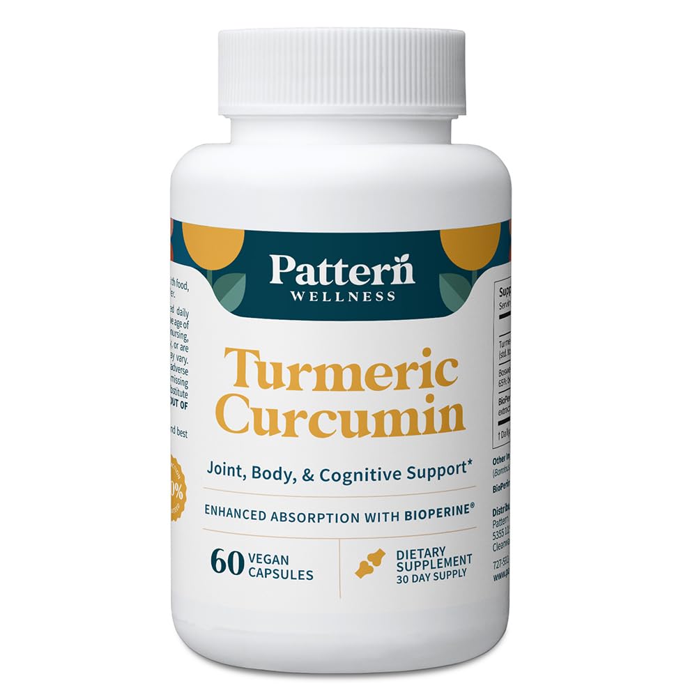 Pattern Wellness Turmeric Curcumin bottle closeup highlighting premium formulation for joint support