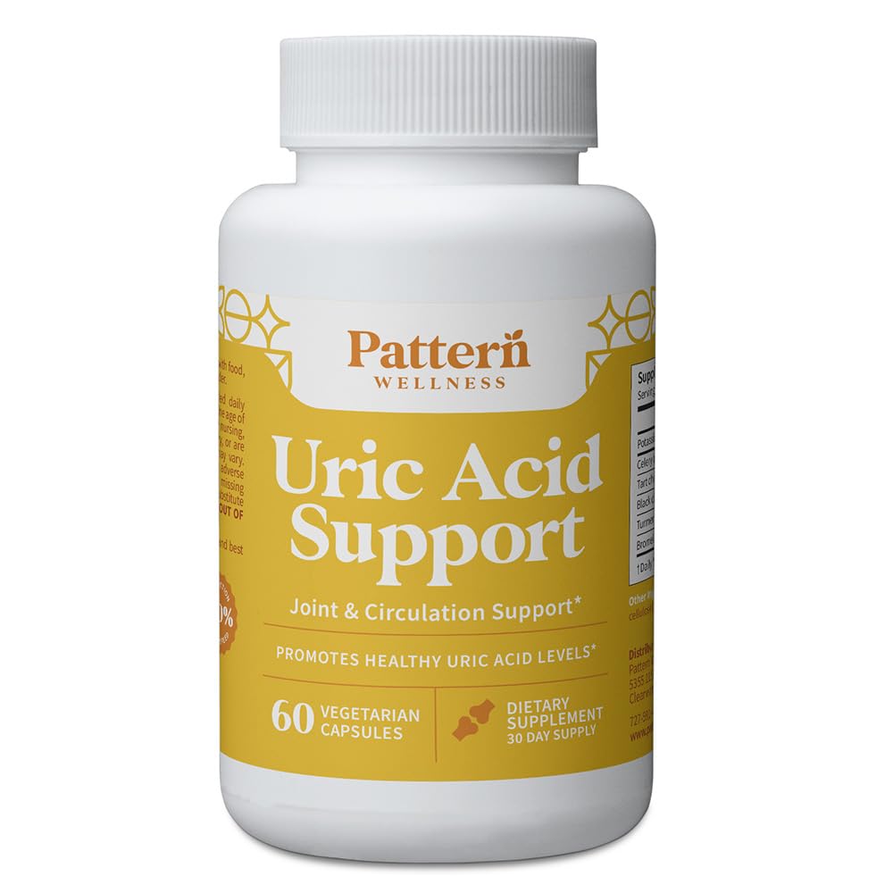 Pattern Wellness Uric Acid Support bottle front with clear label for daily use.