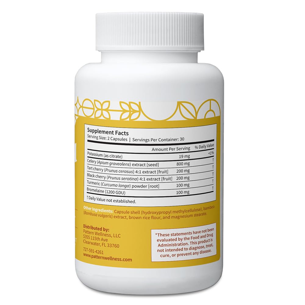 Pattern Wellness Uric Acid Support bottle pour demonstrates convenient daily dosing.