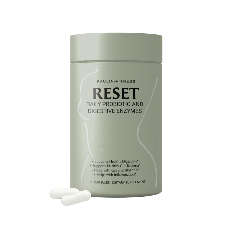 Paulina Fitness Reset Daily bottle front shows vegan gut support formula for balance.