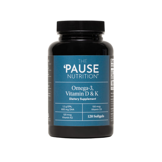 The Pause Life Omega3 vitamin D K2 softgels bottle for daily wellness support.