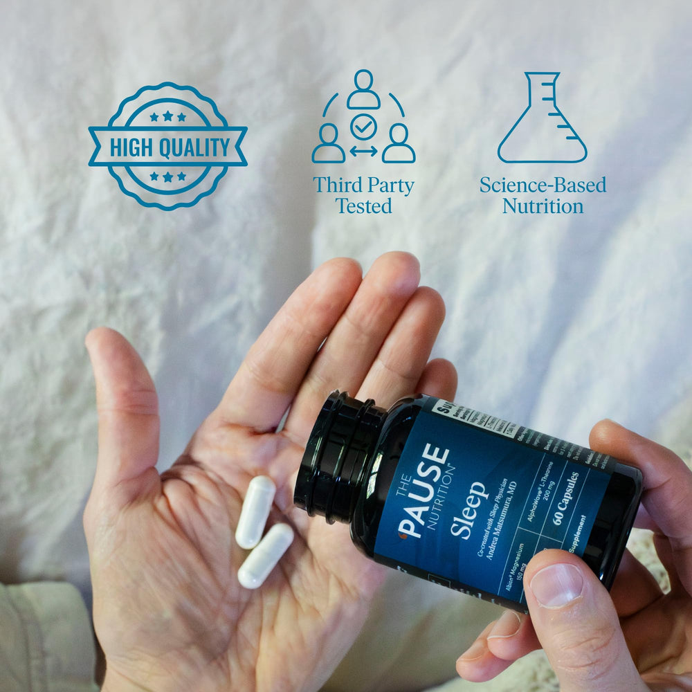 The Pause Life Sleep bottle side label showing gluten-free claim.