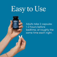 Pause Life Sleep dosage instruction card beside two capsules.