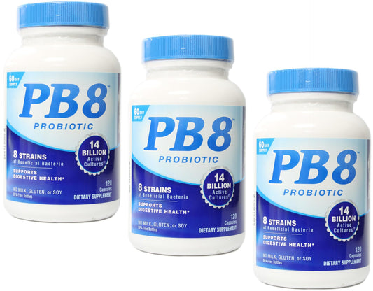 PB8 Probiotic 3-Pack bottle front with 120 capsules supporting daily digestive balance