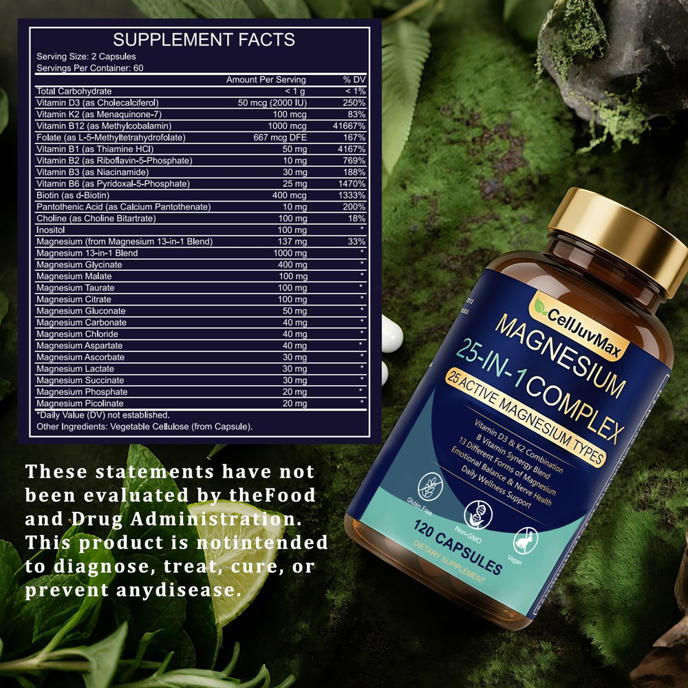 PBZPBZ 25-in-1 magnesium complex capsules on a tray emphasizing vegan, convenient daily capsules.