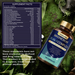 PBZPBZ 25-in-1 magnesium complex capsules on a tray emphasizing vegan, convenient daily capsules.