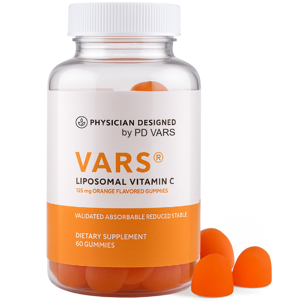 PD VARS Liposomal Vitamin C Gummies ingredients closeup highlighting natural orange flavor
