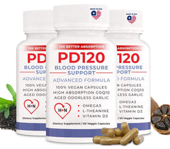 PD120 bottle front view highlighting the natural blood pressure support formula.