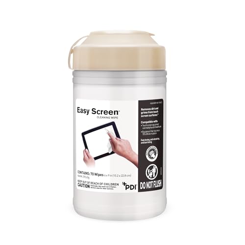 PDI Easy Screen Cleaning Wipes close-up shows pre-moistened 70% IPA formula removing fingerprints.