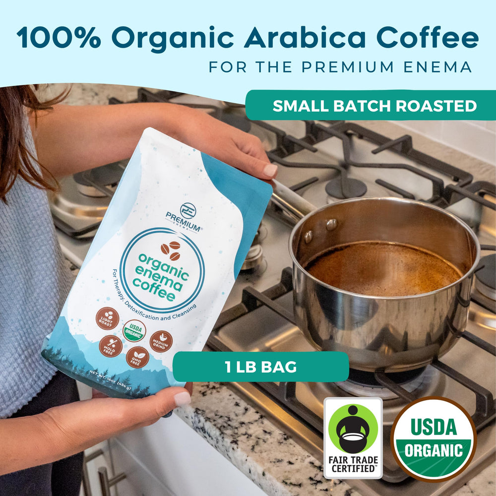 PE Premium Enema coffee—medium grind shown for reliable preparation in routines.