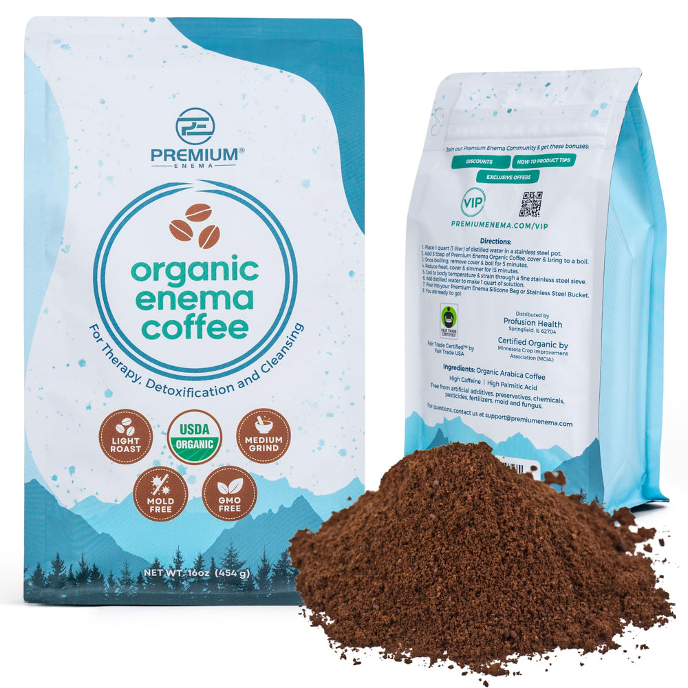 PE Premium Enema Organic Coffee—light roast pour for smooth extraction and consistency.