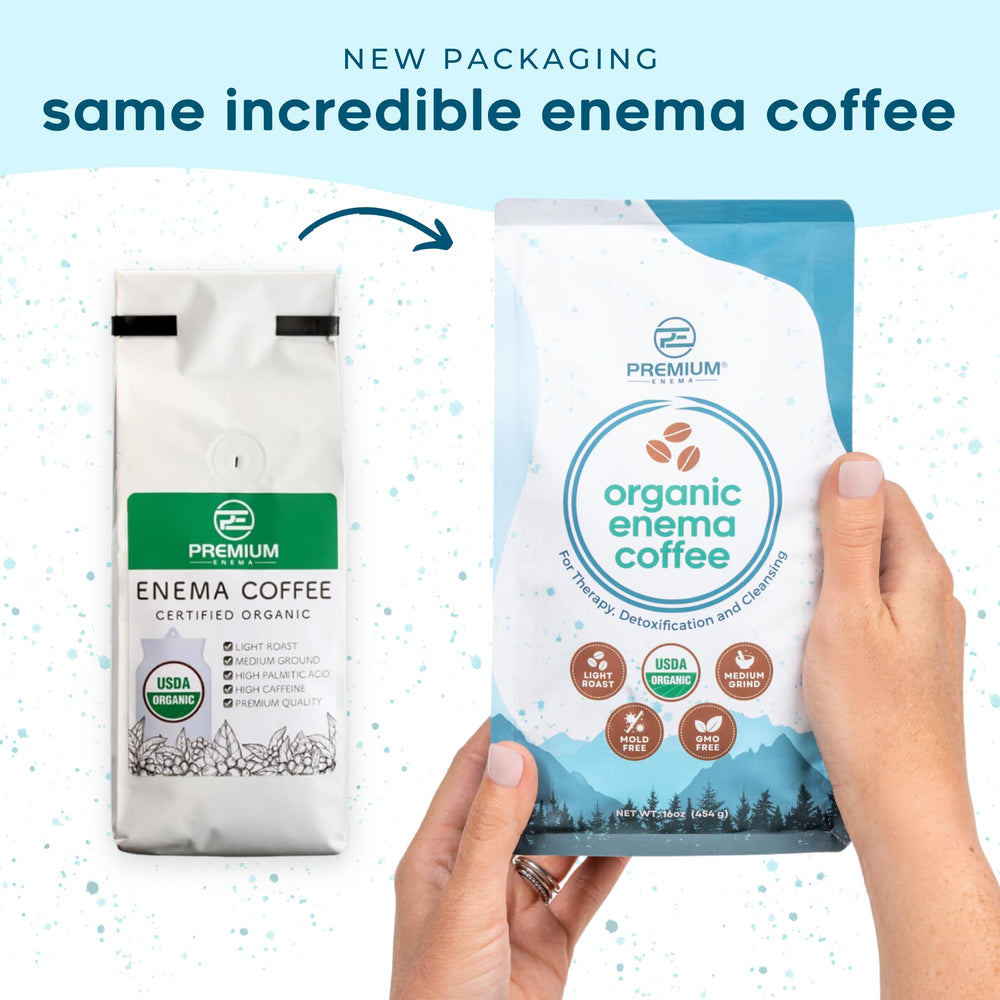 PE Premium Enema Organic coffee label indicating organic sourcing and branding.
