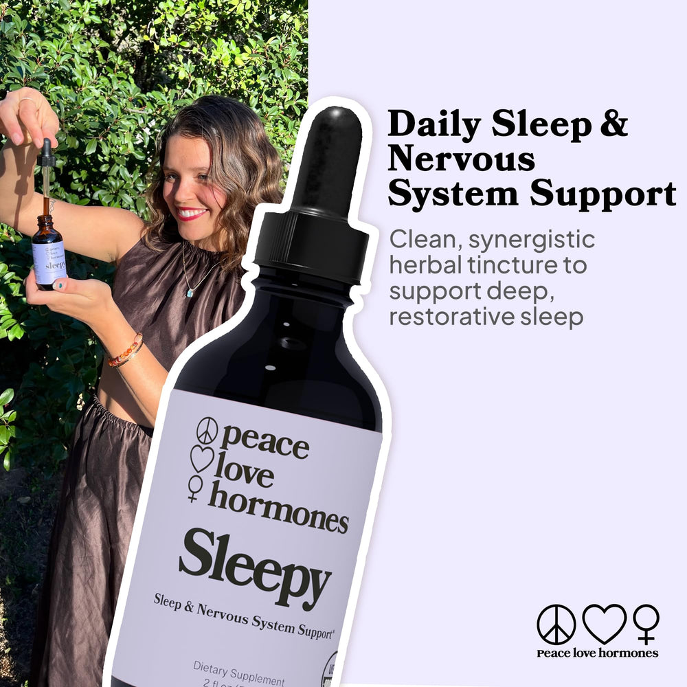 peace. love. hormones. Sleepy droplet close-up highlights soothing nervous system support.