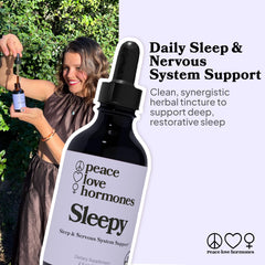 peace. love. hormones. Sleepy droplet close-up highlights soothing nervous system support.