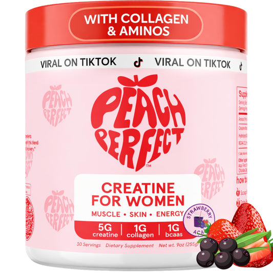 Peach Perfect Creatine Blend bottle with pink lemonade flavor for women and glute support