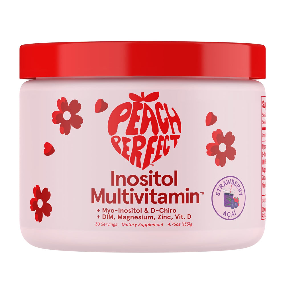 Peach Perfect Inositol Powder bottle highlighting strawberry acai flavor for daily wellness.