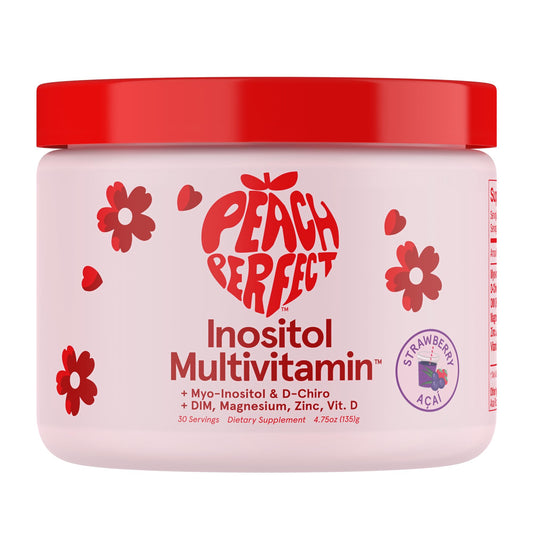 Peach Perfect Inositol Powder bottle highlighting strawberry acai flavor for daily wellness.