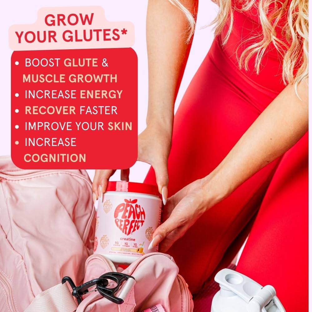 Peach Perfect Pink Lemonade powder in a glass offers refreshing daily supplementation.