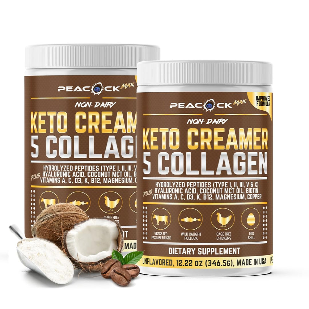 Peacock Max collagen keto creamer powder for coffee blending.