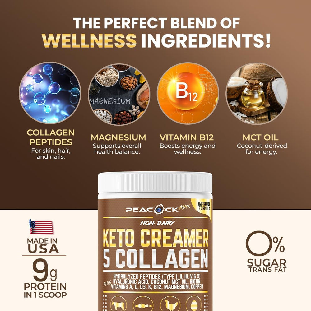 Peacock Max energy-boost creamer with MCT for morning routines.