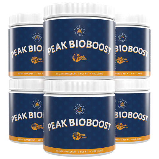 Peak BioBoost bottle close-up showing tasteless prebiotic fiber for daily gut support.