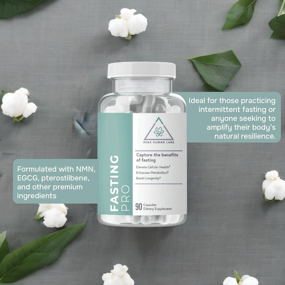 Peak Human Fasting Pro NAD+ Booster packaging on shelf, signaling longevity benefits.