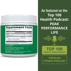 Close-up of Peak Performance All 9 EAAs label showing vegan, non-GMO ingredients
