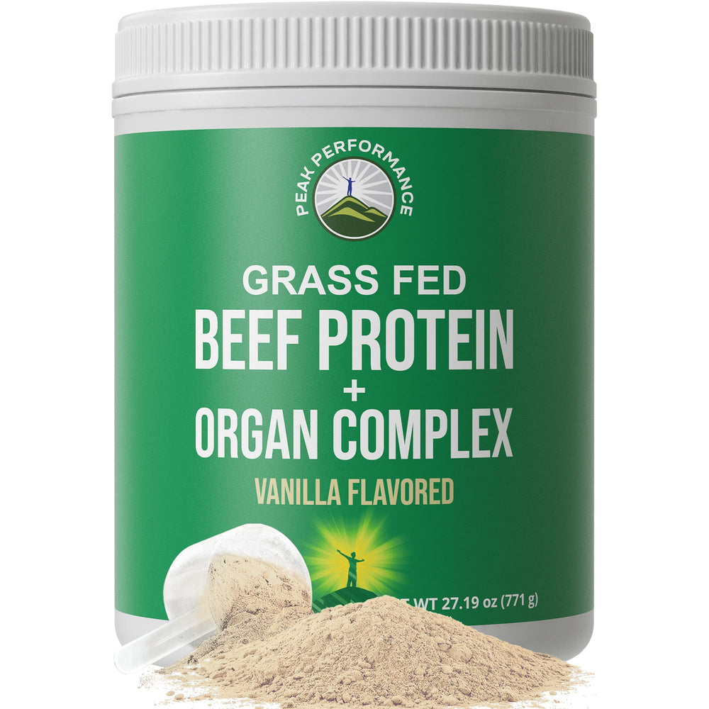Peak Performance grass-fed beef protein scoop for dairy-free post-workout fueling.