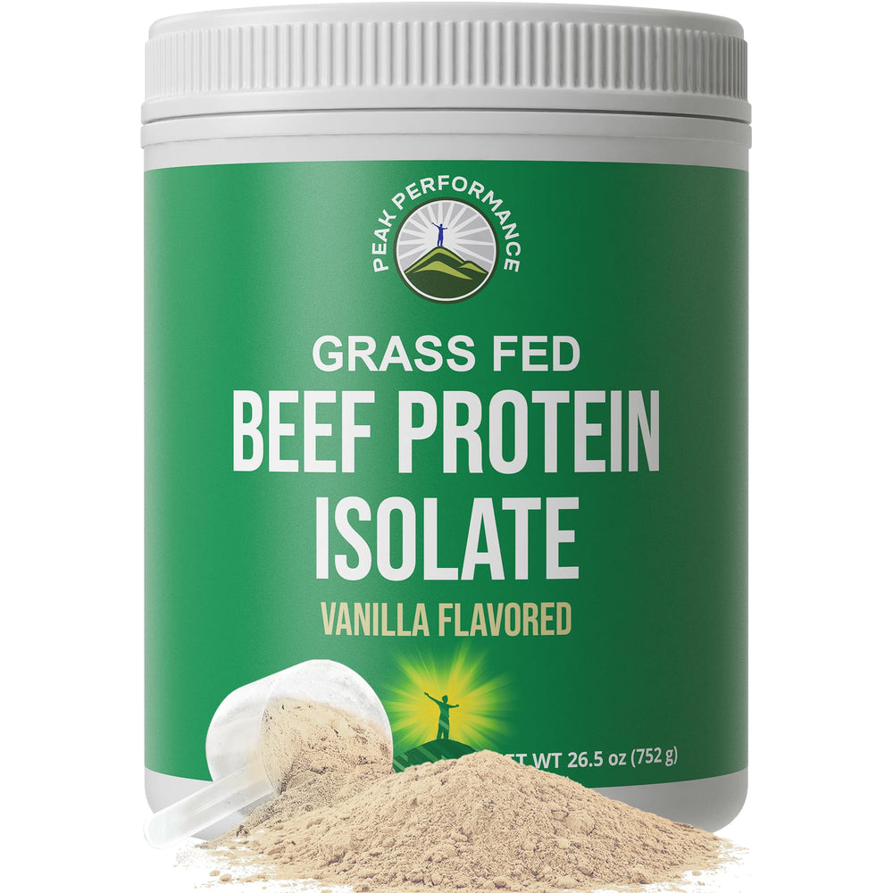 Peak Performance grass-fed beef protein tub for convenient, dairy-free protein.