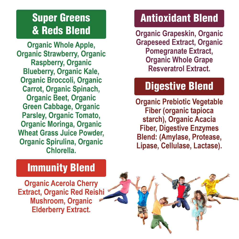 Peak Performance Kids Greens and Reds ingredients list highlights 25+ fruits and veggies for complete plant-based nutrition.