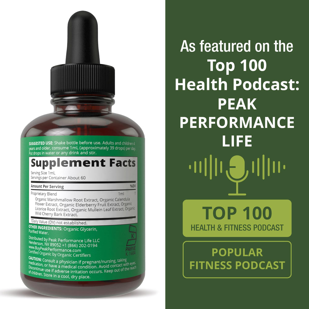 Peak Performance Lung Detox drops ready to blend into tea or juice for daily routine.