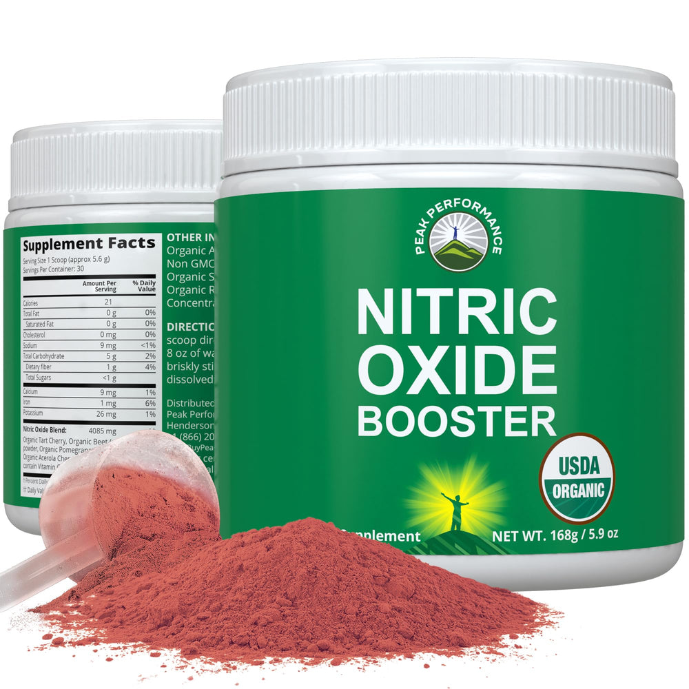 Peak Performance Nitric Oxide Booster beet root powder shown for natural circulation support